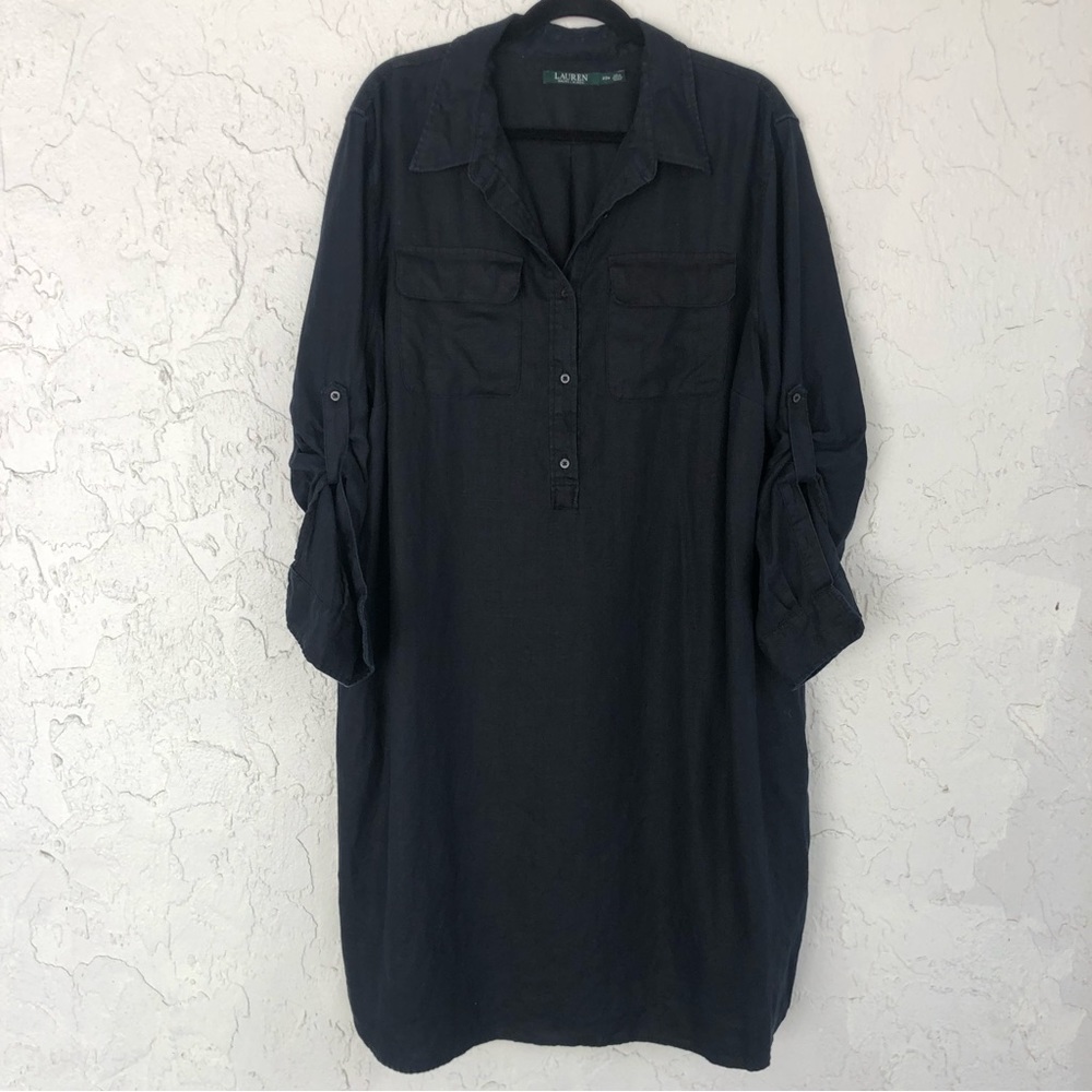 LAUREN RALPH LAUREN Linen Popover Midi Dress Navy Size 20W Minimalist